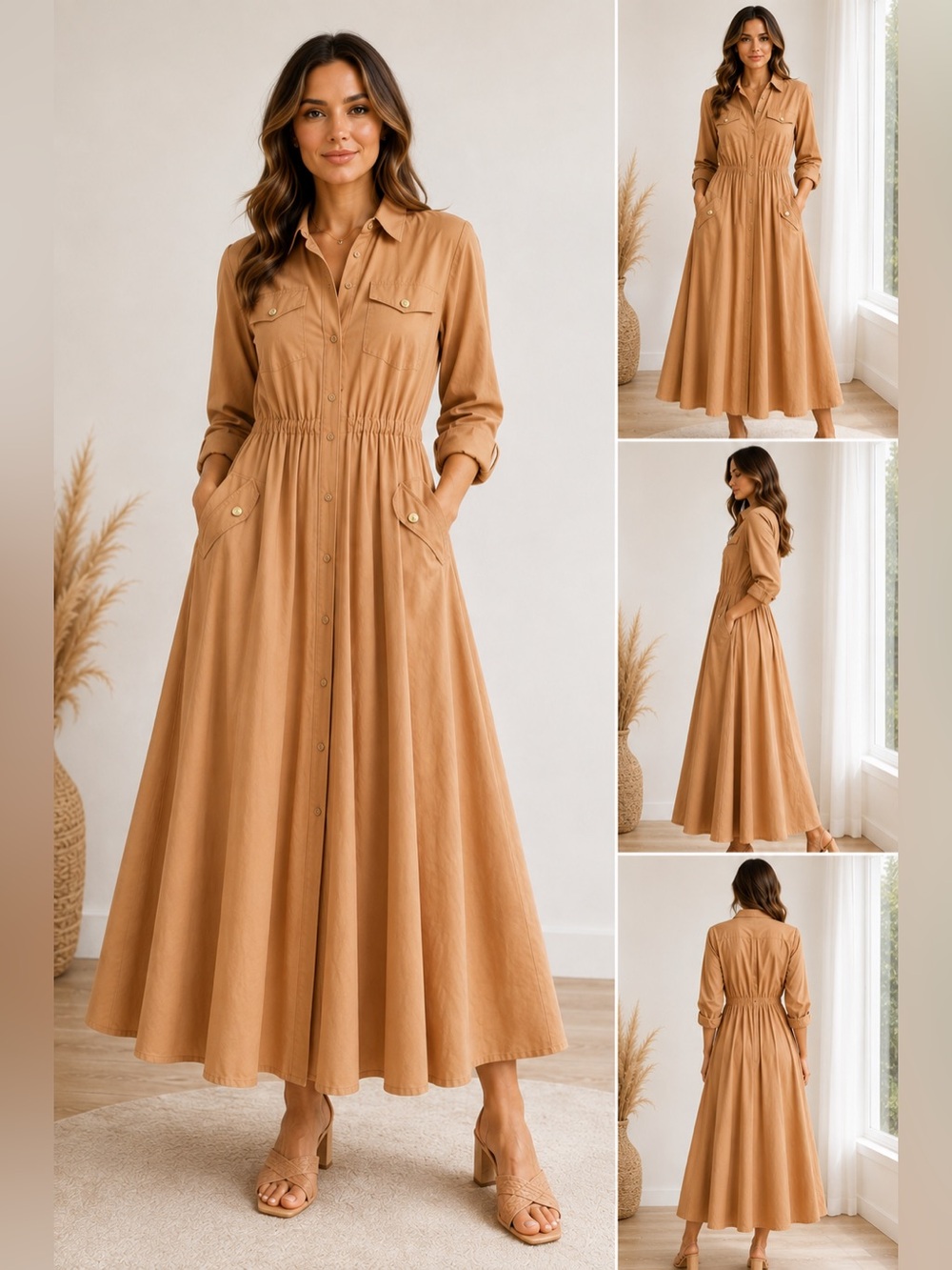 Long Sleeve Maxi Safari Dress in Dusty Peach